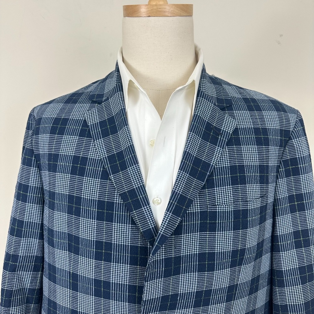 Robert Graham Blazer Jacket Blue Tartan Plaid Metallic Linen Blend Mens 52(48)